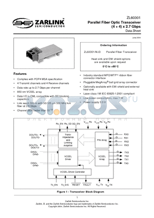 ZL60301 datasheet - Parallel Fiber Optic Transceiver (4  4) x 2.7 Gbps