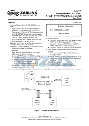 ZL50410 datasheet - Managed 8-Port 10/100M  1-Port 10/100/1000M Ethernet Switch