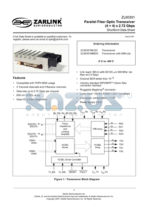 ZL60301MLDC datasheet - Parallel Fiber Optic Transceiver (4  4) x 2.72 Gbps