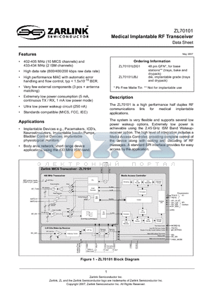 ZL70101 datasheet - Medical Implantable RF Transceiver