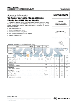 MMVL229AT1 datasheet - 15 VOLT VOLTAGE VARIABLE CAPACITANCE DIODE