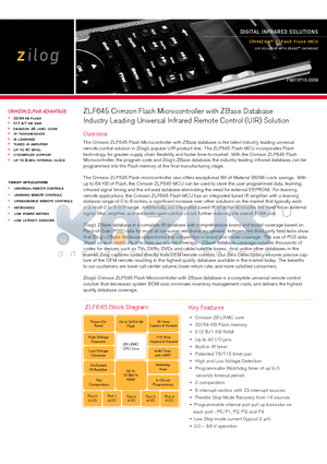 ZLF645E0XXX32G datasheet - ZLF645 Crimzon Flash Microcontroller with ZBase Database Industry Leading Universal Infrared Remote Control (UIR) Solution