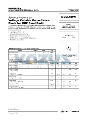 MMVL535T1 datasheet - 15 VOLT VOLTAGE VARIABLE CAPACITANCE DIODE