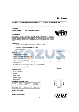 ZLLS1000TC datasheet - 40V SILICON HIGH CURRENT LOW LEAKAGE SCHOTTKY DIODE