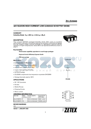 ZLLS1000TA datasheet - 40V SILICON HIGH CURRENT LOW LEAKAGE SCHOTTKY DIODE