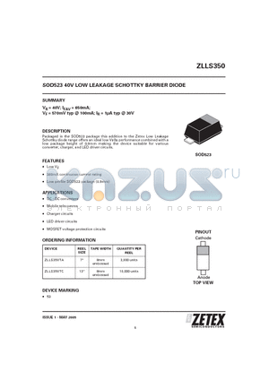 ZLLS350 datasheet - SOD523 40V LOW LEAKAGE SCHOTTKY BARRIER DIODE