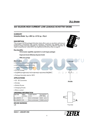 ZLLS500 datasheet - 40V SILICON HIGH CURRENT LOW LEAKAGE SCHOTTKY DIODE