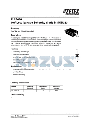 ZLLS410TA datasheet - 10V Low leakage Schottky diode in SOD323