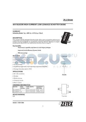 ZLLS500TA datasheet - 40V SILICON HIGH CURRENT LOW LEAKAGE SCHOTTKY DIODE