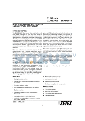 ZLNB2006 datasheet - DUAL TONE AND POLARITY SWITCH LNB MULTIPLEX CONTROLLER