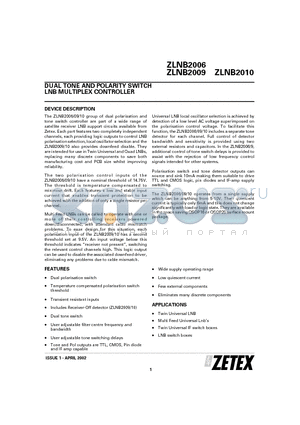 ZLNB2006Q20 datasheet - DUAL TONE AND POLARITY SWITCH LNB MULTIPLEX CONTROLLER