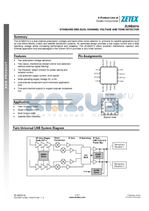 ZLNB2016 datasheet - STANDARD DBS DUAL CHANNEL VOLTAGE AND TONE DETECTOR