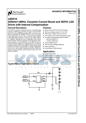 LM3410 datasheet - 525kHz/1.6MHz, Constant Current Boost and SEPIC LED Driver with Internal Compensation