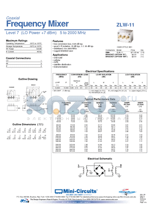 ZLW-11 datasheet - Frequency Mixer Level 7 (LO Power 7 dBm) 5 to 2000 MHz