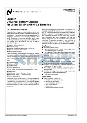LM3647IM datasheet - Universal Battery Charger for Li-Ion, Ni-MH and Ni-Cd Batteries