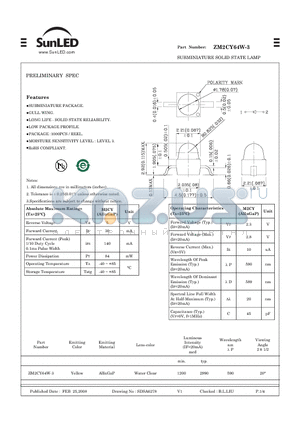ZM2CY64W-3 datasheet - SUBMINIATURE SOLID STATE LAMP