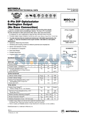 MOC119 datasheet - 6-Pin DIP Optoisolator Darlington Output(No Base Connection)