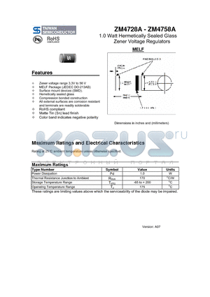 ZM4728A datasheet - 1.0 Watt Hermetically Sealed Glass Zener Voltage Regulators