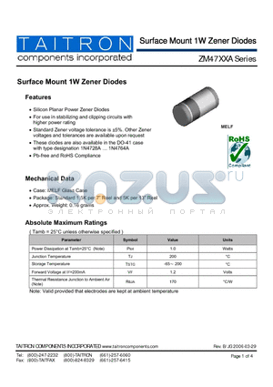 ZM4728A datasheet - Surface Mount 1W Zener Diodes