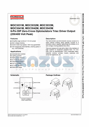 MOC3041T-M datasheet - 6-Pin DIP Zero-Cross Optoisolators Triac Driver Output (250/400 Volt Peak)