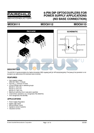 MOC8111 datasheet - 6-PIN DIP OPTOCOUPLERS FOR POWER SUPPLY APPLICATIONS (NO BASE CONNECTION)