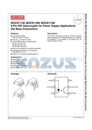 MOC8111SVM datasheet - 6-Pin DIP Optocoupler for Power Supply Applications