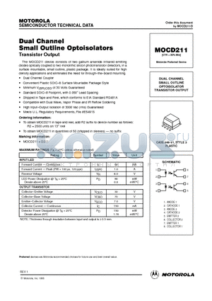 MOCD211 datasheet - DUAL CHANNEL SMALL OUTLINE OPTOISOLATOR TRANSISTOR OUTPUT