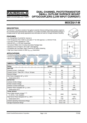 MOCD217-M datasheet - DUAL CHANNEL PHOTOTRANSISTOR SMALL OUTLINE SURFACE MOUNT OPTOCOUPLERS (LOW INPUT CURRENT)