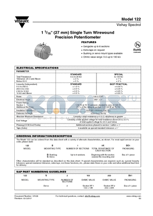 MODEL122 datasheet - 1 1/16 (27 mm) Single Turn Wirewound Precision Potentiometer