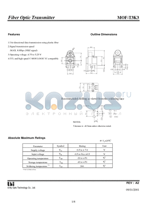 MOF-T3K3 datasheet - Fiber Optic Transmitter