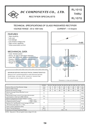 RL101G datasheet - TECHNIAL SPECIFICATIONS OF GLASS PASSIVATED RECTIFIER