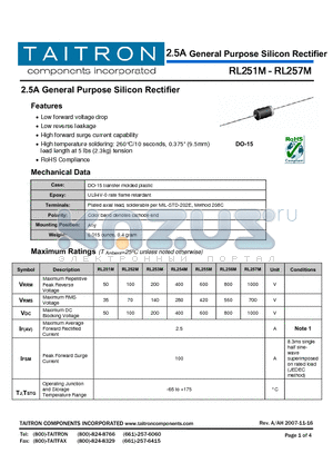 RL251M datasheet - 2.5A General Purpose Silicon Rectifier