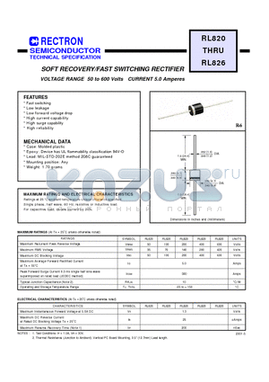 RL826 datasheet - SOFT RECOVERY/FAST SWITCHING RECTIFIER (VOLTAGE RANGE 50 to 600 Volts CURRENT 5.0 Amperes)