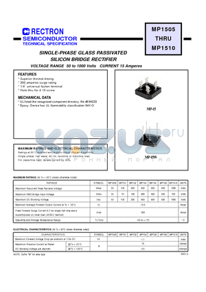 MP151 datasheet - SINGLE-PHASE GLASS PASSIVATED SILICON BRIDGE RECTIFIER (VOLTAGE RANGE 50 to 1000 Volts CURRENT 15 Amperes)