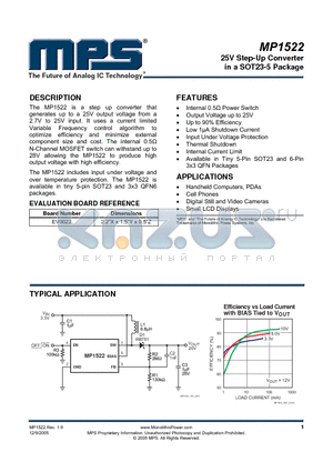 MP1522ET datasheet - 25V Step-Up Converter in a SOT23-5 Package