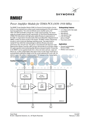 RM807 datasheet - Power Amplifier Module for TDMA PCS (1850-1910 MHz)