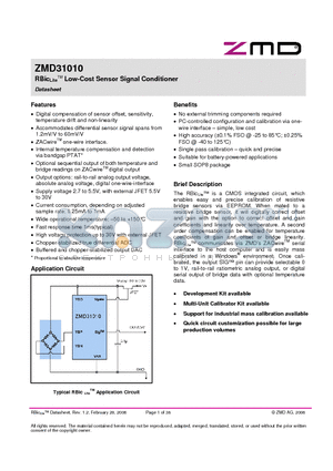 ZMD31010 datasheet - RBicLite Low-Cost Sensor Signal Conditioner