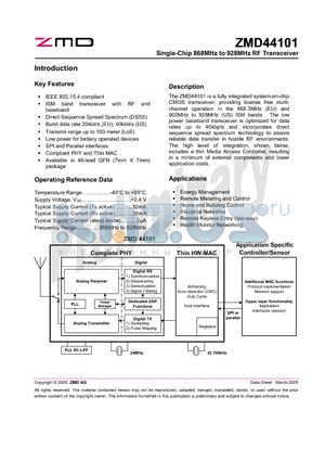 ZMD44101 datasheet - Single-Chip 868MHz to 928MHz RF Transceiver