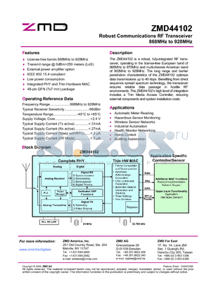 ZMD44102 datasheet - Robust Communications RF Transceiver 868MHz to 928MHz