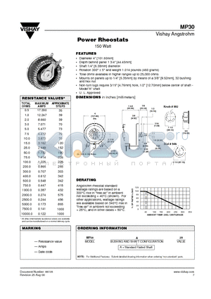 MP30A25 datasheet - Power Rheostats 150 Watt