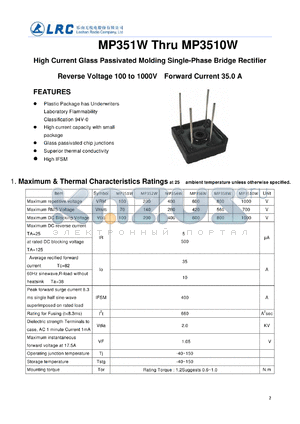 MP3510W datasheet - High Current Glass Passivated Molding Single-Phase Bridge Rectifier
