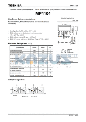 MP4104 datasheet - High Power Switching Applications. Hammer Drive, Pulse Motor Drive and Inductive Load Switching