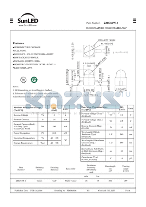 ZMG64W-3 datasheet - SUBMINIATURE SOLID STATE LAMP