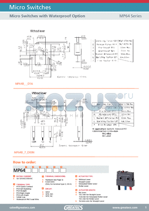 MP64 datasheet - Micro Switches with Waterproof Option