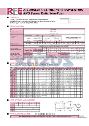 RN010M2ABK050110 datasheet - ALUMINUM ELECTROLYTIC CAPACITORS RNG Series: Radial Non-Polar