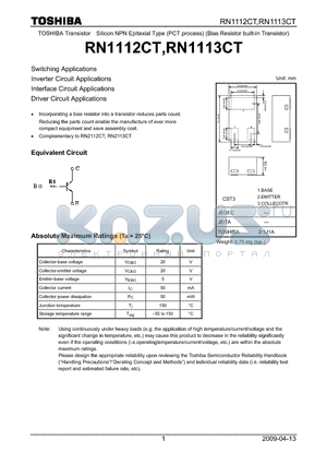 RN1113CT datasheet - Switching Applications Inverter Circuit Applications Interface Circuit Applications Driver Circuit Applications