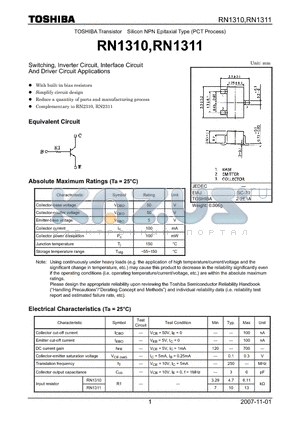 RN1311 datasheet - Switching, Inverter Circuit, Interface Circuit And Driver Circuit Applications