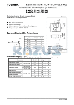 RN1401 datasheet - Switching, Inverter Circuit, Interface Circuit And Driver Circuit Applications