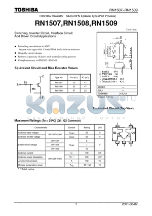 RN1507 datasheet - Switching, Inverter Circuit, Interface Circuit And Driver Circuit Applications