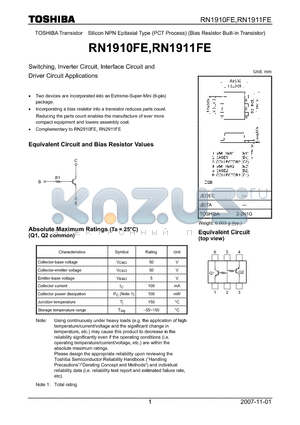 RN1910FE datasheet - Switching, Inverter Circuit, Interface Circuit and Driver Circuit Applications